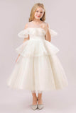 Ball-Gown Off The Shoulder Neck Cold Shoulder Sleeves Tulle Midi Flower Girl Dresses 687623292935 - COCOMELODY