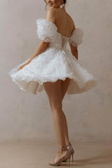 A-Line Short-Mini Lace Organza Little White Dress 100040 - COCOMELODY