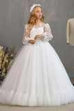 Ball Gown Illusion Sweetheart Neck Sheer Puff Long Lace Sleeves With Fitted Cuffs Tulle Floor Length Flower Girl Dresses 733237512683