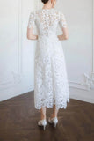 Sheath-Column Tea Length Lace Little White Dress 100016 - COCOMELODY