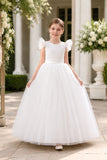 Tulle Flutter Cap Sleeves Big Bow Floor Length Flower Girl Dresses 907809929481