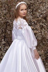 A-Line Illusion Neck Long Sleeve Satin Flower Girl Dresses 750796600612 - COCOMELODY