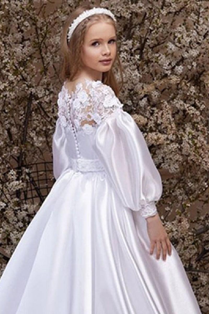 A-Line Illusion Neck Long Sleeve Satin Flower Girl Dresses 750796600612 - COCOMELODY