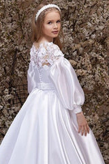 A-Line Illusion Neck Long Sleeve Satin Flower Girl Dresses 750796600612 - COCOMELODY