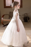 Sequin Tulle Ruffle Sleeves Pearl V-Back Bow Flower Girl Dresses 915170698367
