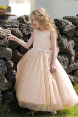 A-Line Scoop Neck Sleeveless Floor-Length Satin/Tulle Flower Girl Dresses With Bow(s) 744500696201 - COCOMELODY