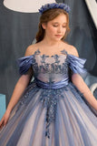 Illusion Off The Shoulder Tulle Puff Cuff Flower Girl Dresses 745558231696