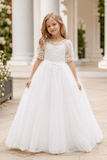 A-Line Lace Sleeve Round Neck Tulle V-Back Flower Girl Dresses 997761158002