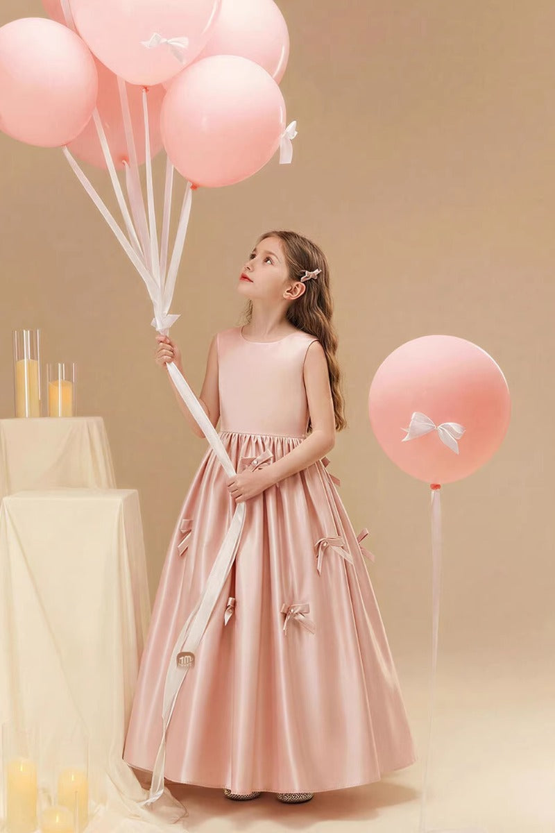 A-Line Satin Sleeveless Scattered Bow Details Flower Girl Dresses 1035117092057