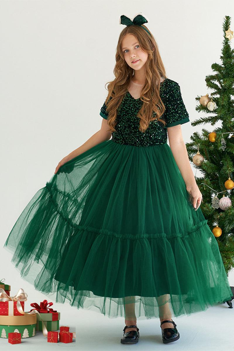 A-Line Maxi Sequined Tulle Flower Girl Dress 735143524780 - COCOMELODY