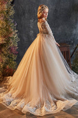 A-Line Illusion Long Sleeve Tulle Sweep-Brush Train Flower Girl Dresses 772649272412 - COCOMELODY