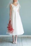 A-Line Tea Length Satin Tulle Little White Dress 615670129941 - COCOMELODY