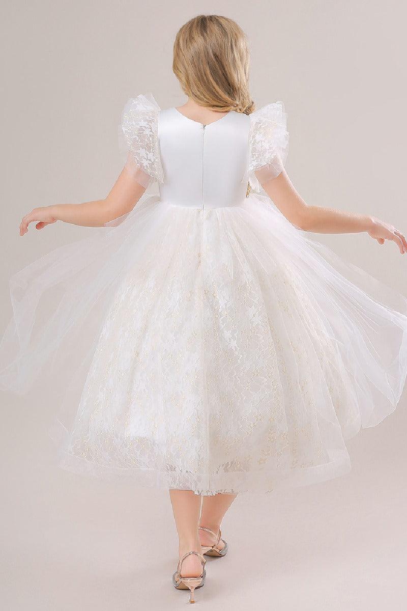 A-Line Illusion Neck Short Sleeves Midi Lace Flower Girl Dresses 749518906079 - COCOMELODY