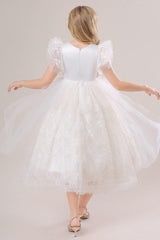 A-Line Illusion Neck Short Sleeves Midi Lace Flower Girl Dresses 749518906079 - COCOMELODY