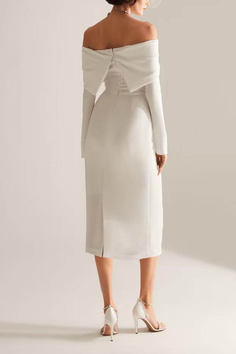 Sheath-Column Tea Length Satin Little White Dress 100001 - COCOMELODY