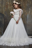 Dot Sheer Long Sleeve Sweep-Brush Train Tulle Flower Girl Dresses 631984909444