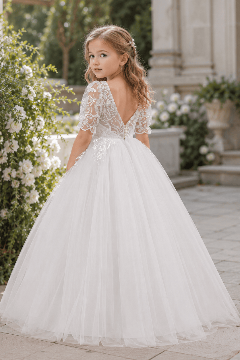 A-Line Lace Sleeve Round Neck Tulle V-Back Flower Girl Dresses 997761158002