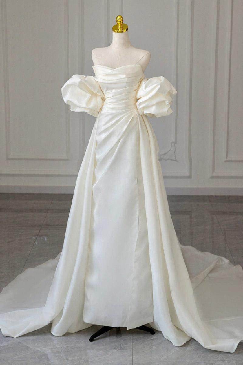 A-Line Court Train Satin Wedding Dress 768070969187 - COCOMELODY