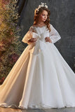 Illusion Organza Long Puff Sleeves Flower Girl Dresses 693938674311