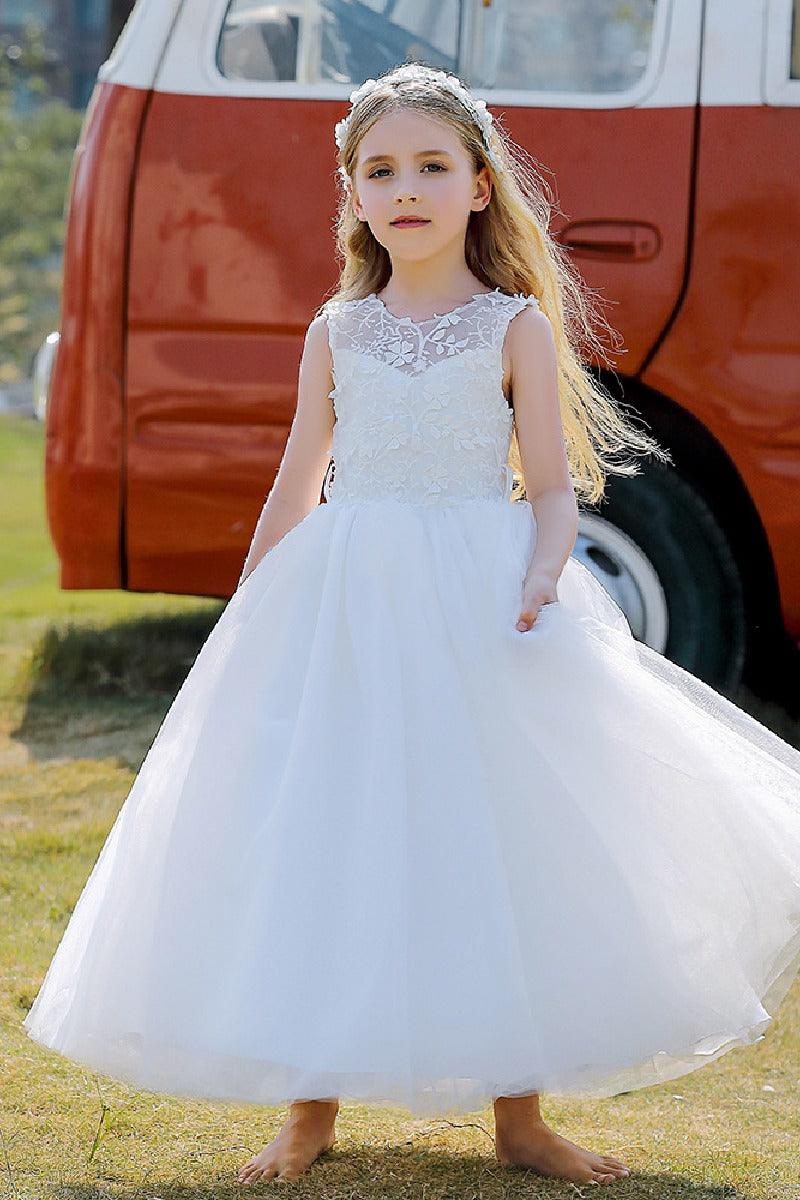 A-Line/Princess Illusion Neck Knee-Length Lace Tulle Flower Girl Dress 744728958346 - COCOMELODY