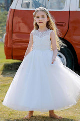 A-Line/Princess Illusion Neck Knee-Length Lace Tulle Flower Girl Dress 744728958346 - COCOMELODY