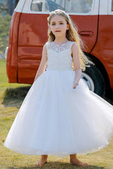 A-Line/Princess Illusion Neck Knee-Length Lace Tulle Flower Girl Dress 744728958346 - COCOMELODY
