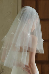 Two-tier Cut Edge Tulle Elbow Veils with Flower 884959274465 - COCOMELODY