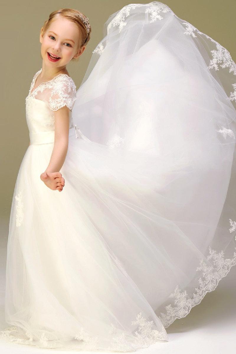 Ball-Gown Illusion Neck Princess Tulle Flower Girl Dresses With Appliques Lace 626723738802 - COCOMELODY