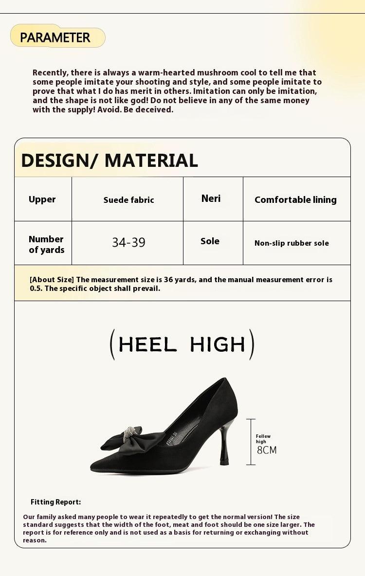 Black Suede Bowknot Pointy Stiletto Heels 746813568399 - COCOMELODY