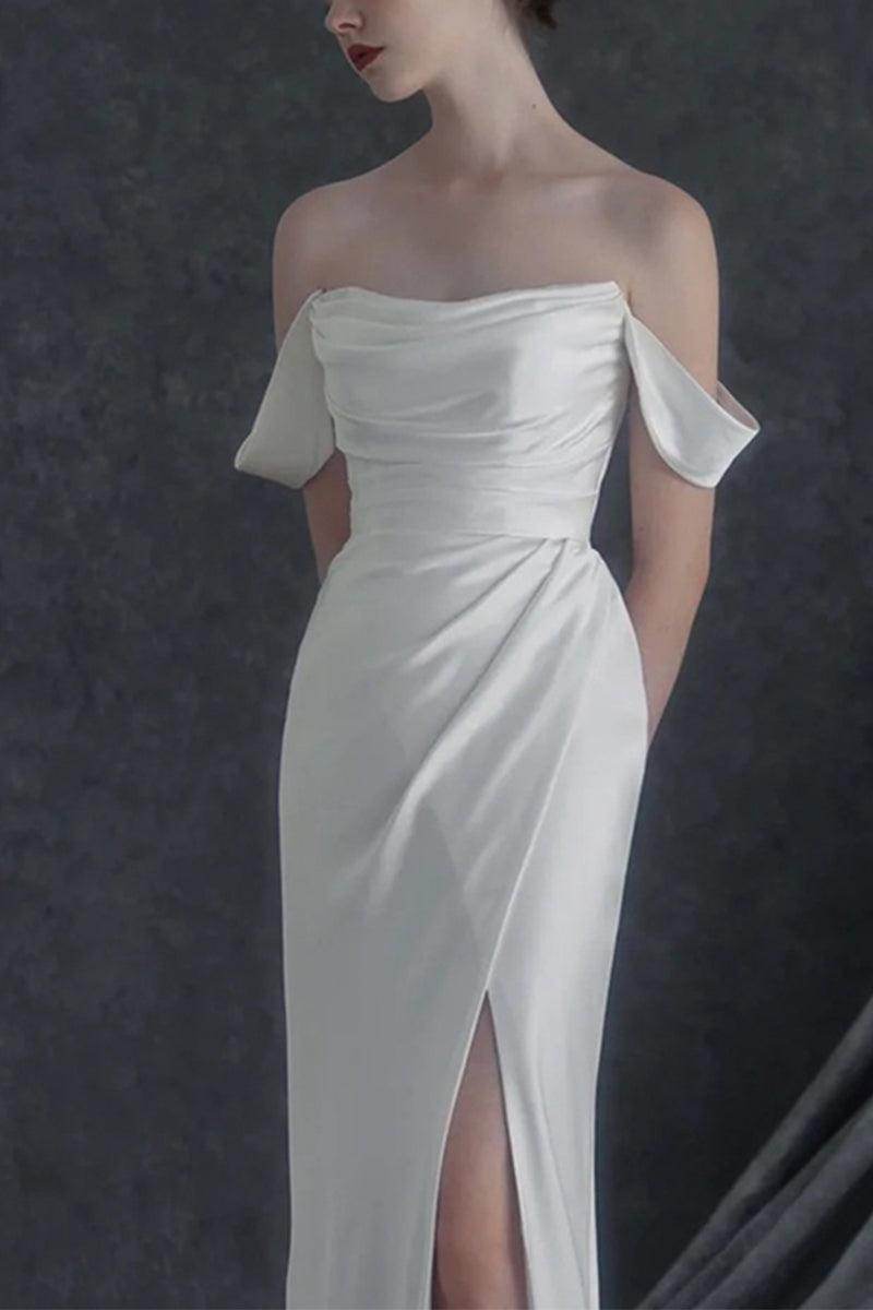 Sheath-Column Sweep-Brush Train Satin Wedding Dress 683314691959 - COCOMELODY