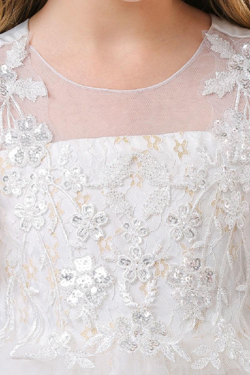 A-Line Illusion Neck Short Sleeves Midi Lace Flower Girl Dresses 749518906079 - COCOMELODY