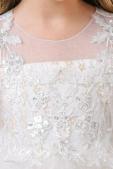 A-Line Illusion Neck Short Sleeves Midi Lace Flower Girl Dresses 749518906079 - COCOMELODY