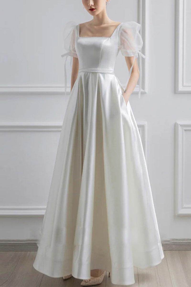 A-Line Floor Length Satin Wedding Dress 650928413690 - COCOMELODY