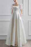 A-Line Floor Length Satin Wedding Dress 650928413690 - COCOMELODY