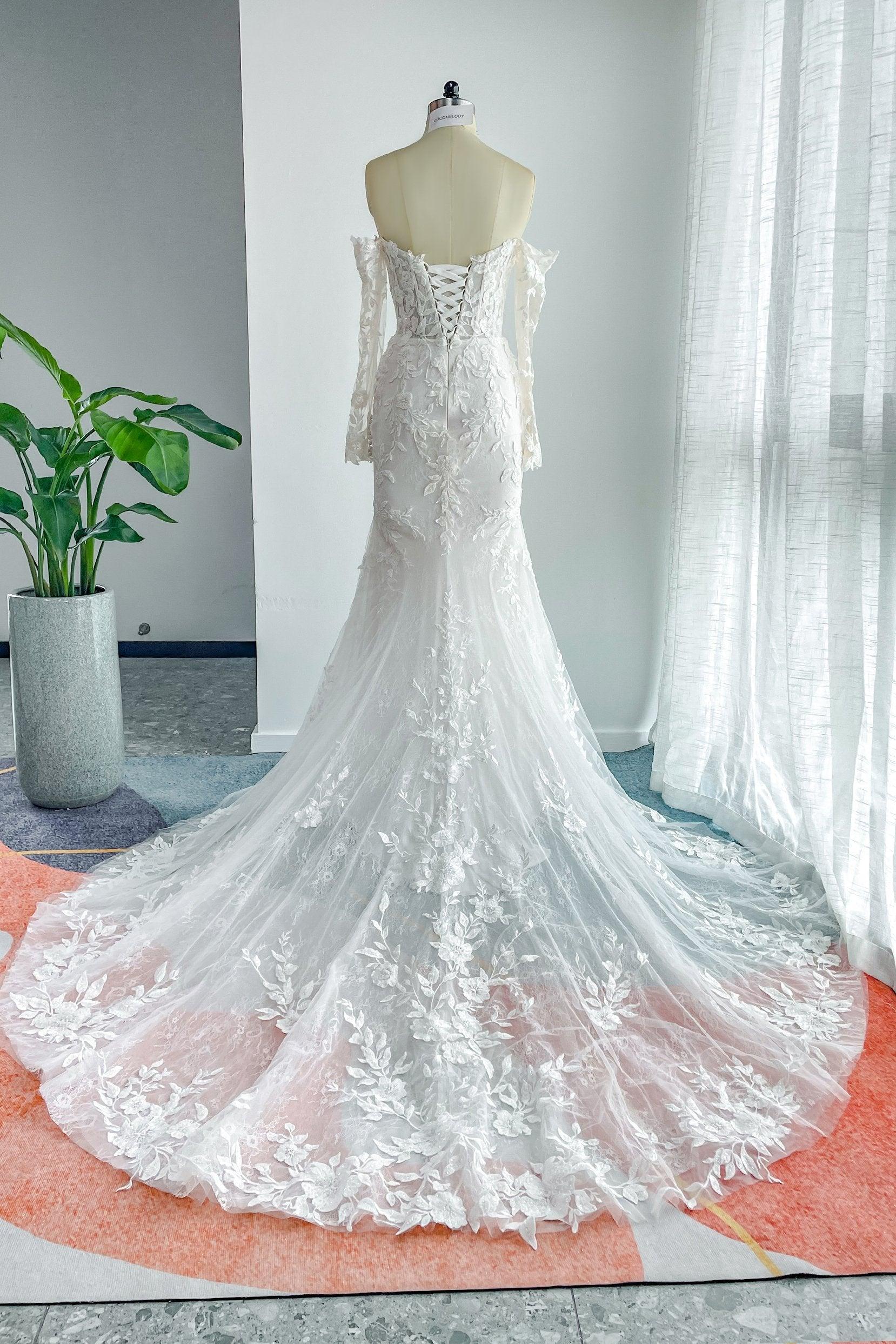 Trumpet-Mermaid Chapel Train Lace Tulle Wedding Dress CW3135CR - COCOMELODY