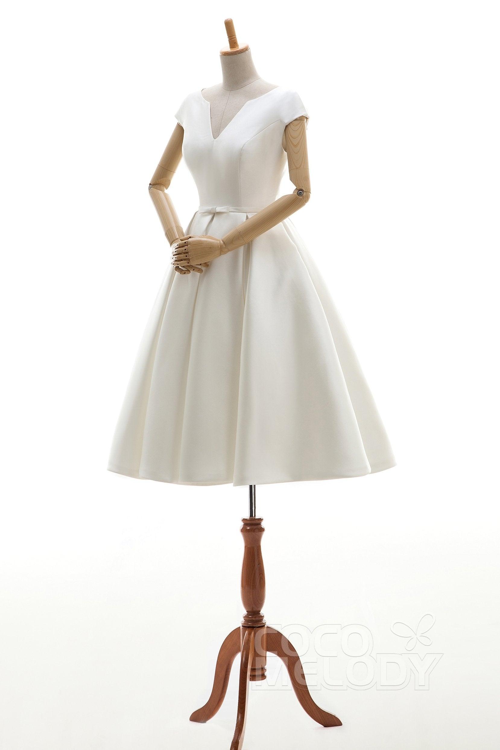 A-Line Knee Length Satin Wedding Dress JWLK16001 - COCOMELODY