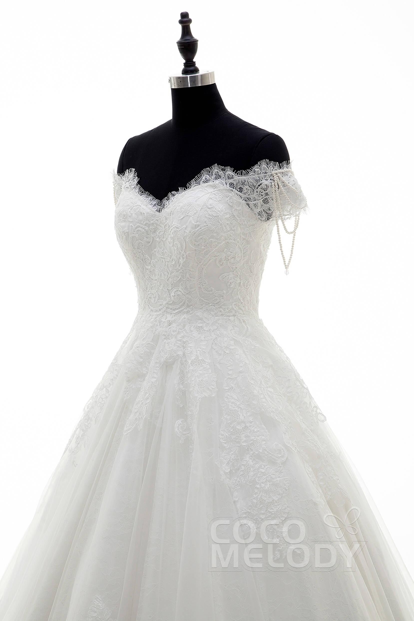 A-Line Court Train Lace Wedding Dress LD3832 - COCOMELODY