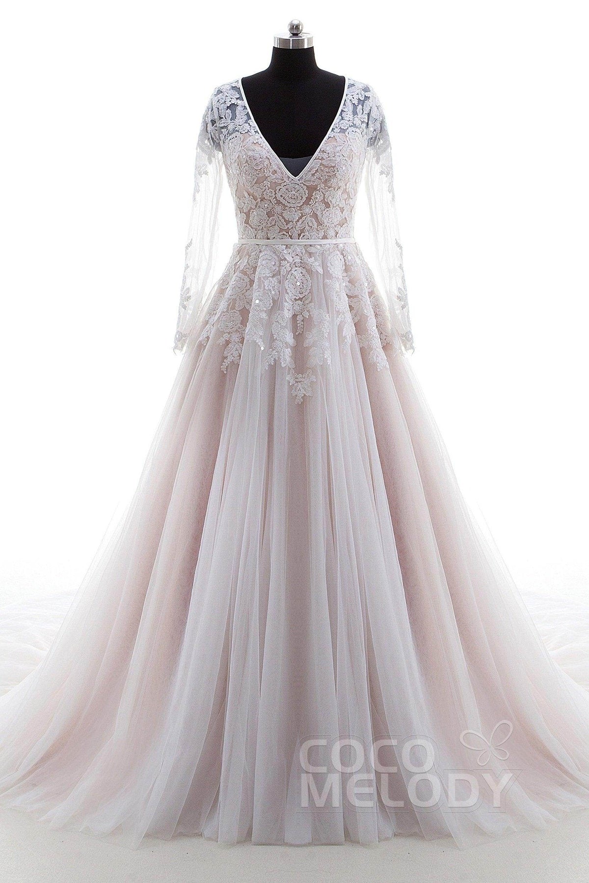 A-Line Court Train Lace and Tulle Wedding Dress LD4432 - COCOMELODY