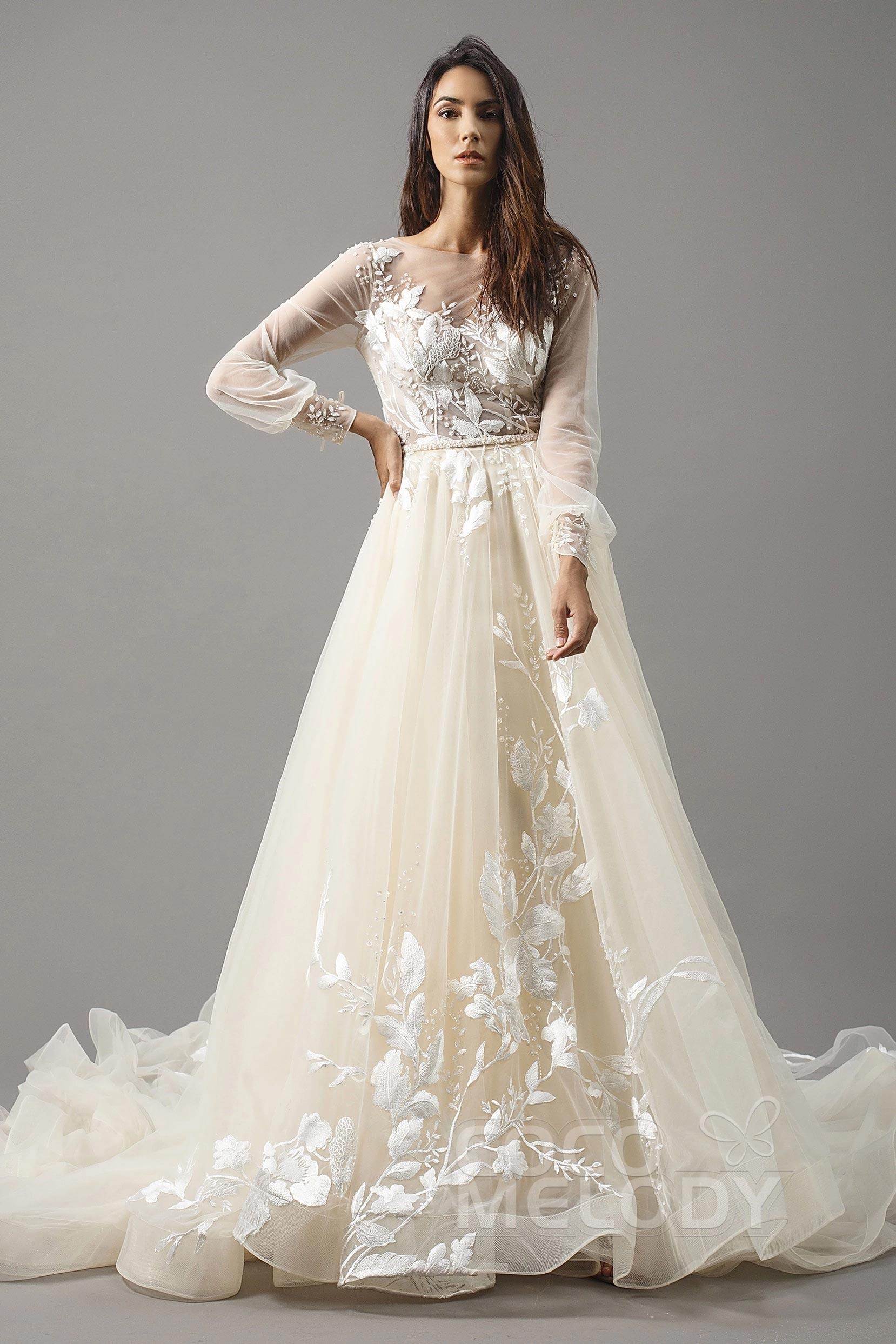 A-Line Chapel Train Tulle Wedding Dress LD5199CR - COCOMELODY