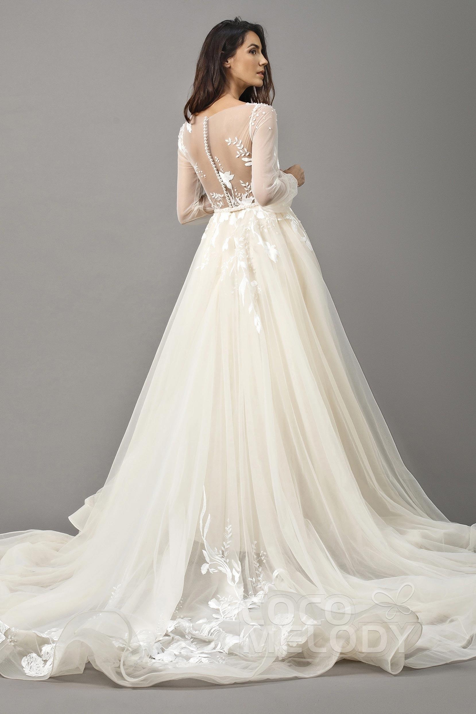 A-Line Chapel Train Tulle Wedding Dress LD5199CR - COCOMELODY