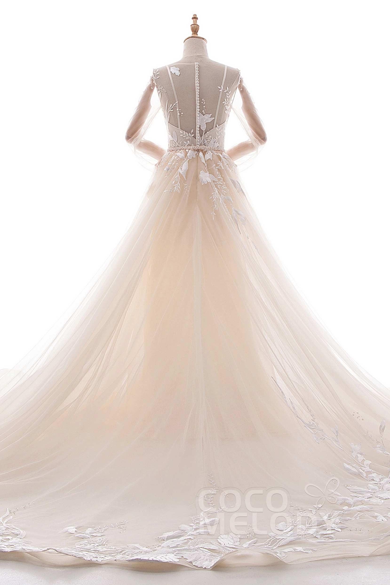 A-Line Chapel Train Tulle Wedding Dress LD5199CR - COCOMELODY