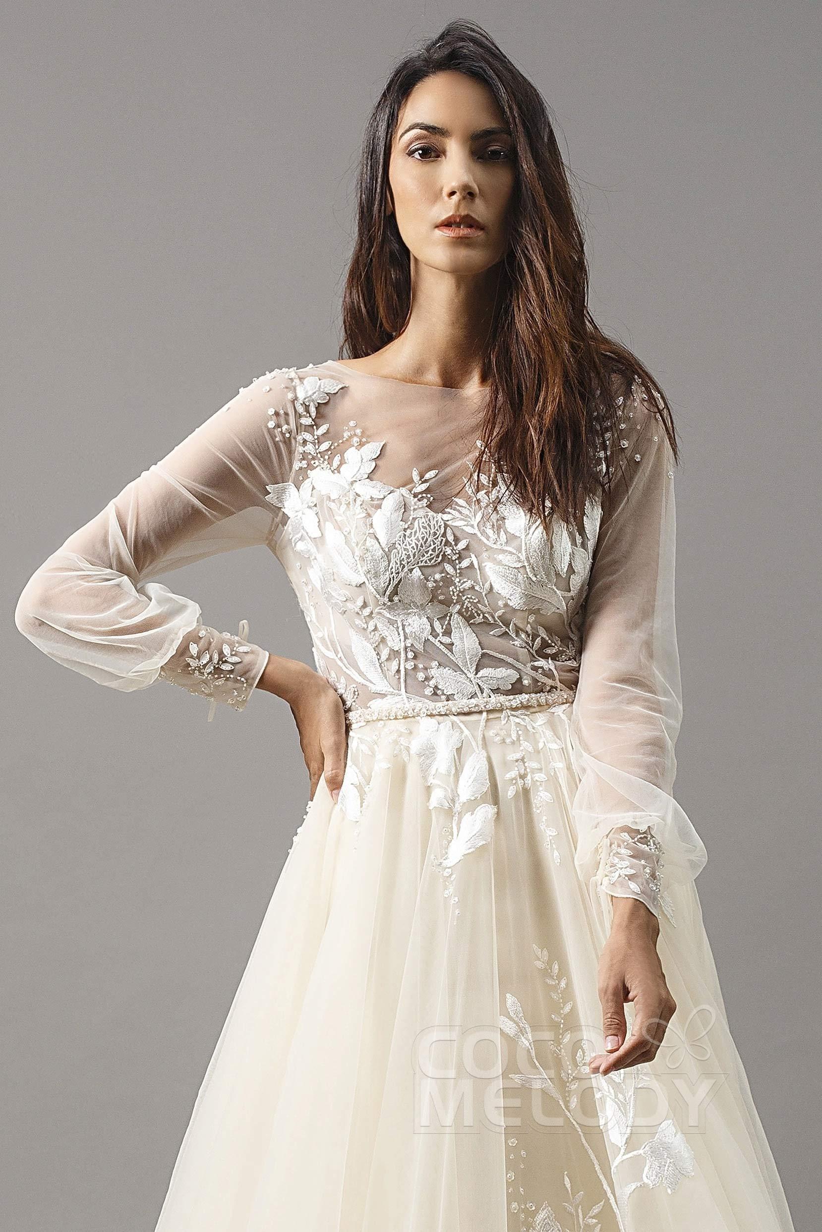 A-Line Chapel Train Tulle Wedding Dress LD5199CR - COCOMELODY