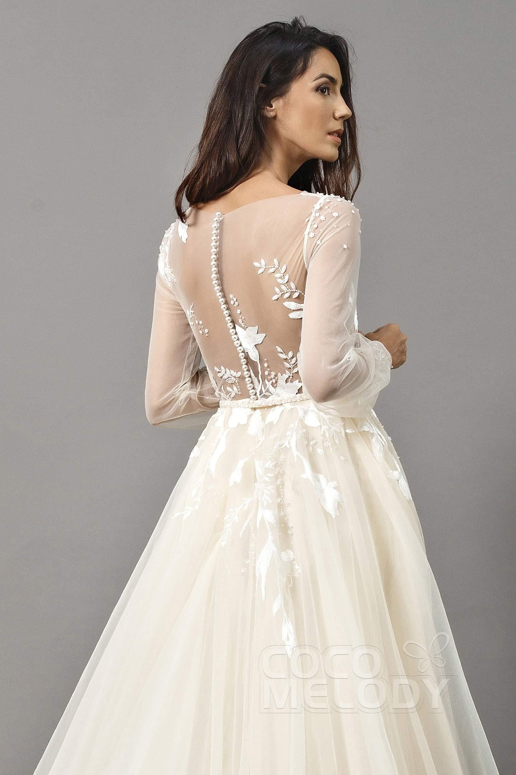 A-Line Chapel Train Tulle Wedding Dress LD5199CR - COCOMELODY