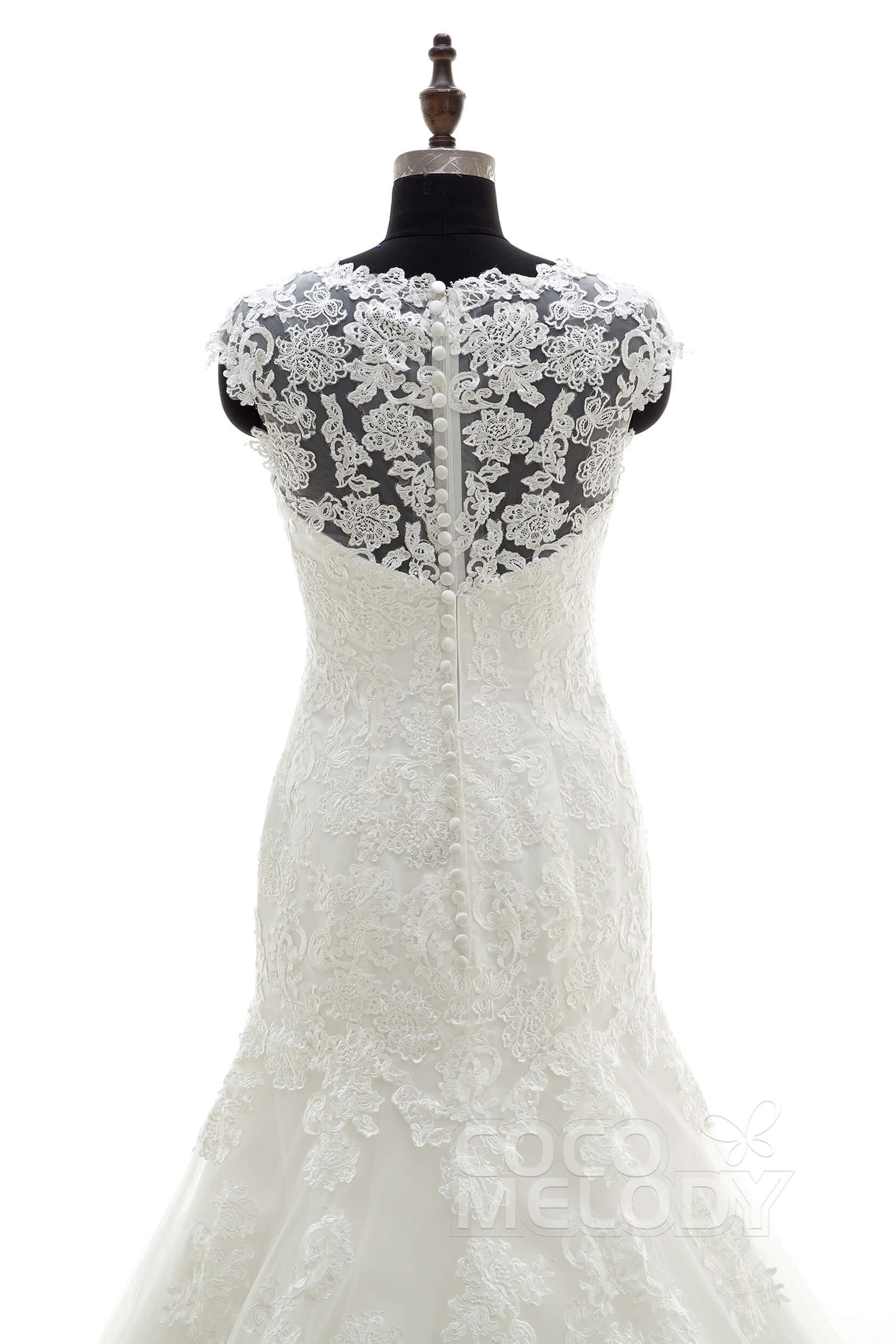 Trumpet Chapel Train Tulle Wedding Dress LWAT1503ECR - COCOMELODY
