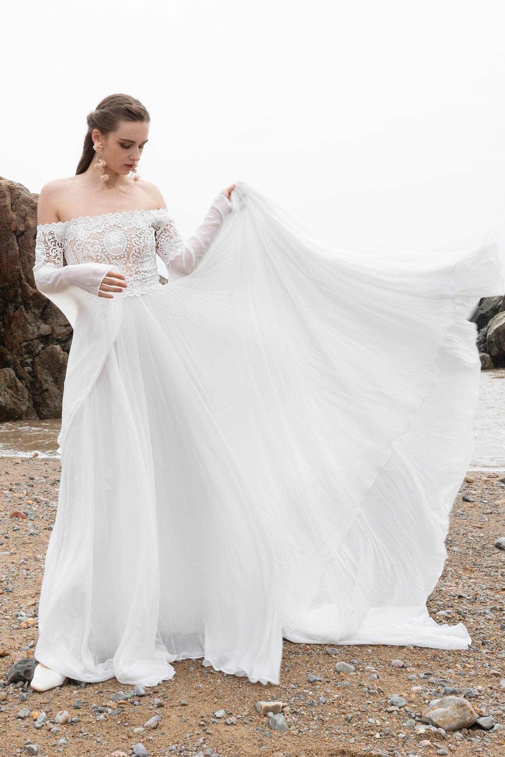 A-Line Court Train Chiffon Lace Wedding Dress CW2223CR - COCOMELODY