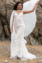 Trumpet Sweep-Brush Train Chiffon Lace Wedding Dress CW2221 - COCOMELODY